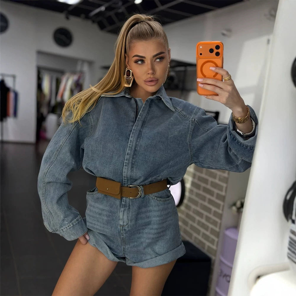 Women's Denim Shorts Overall with Boxy Shirt Top and Waist Belt Amarae