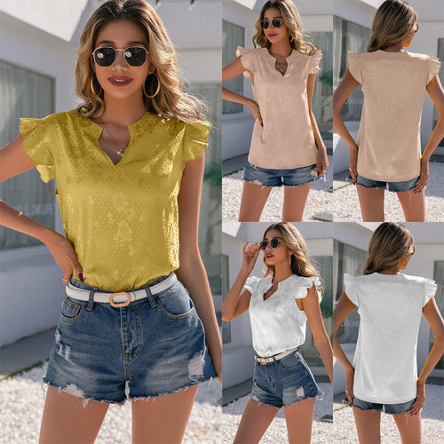 Ladies elegant short-sleeve blouse with ruffled collar and V-neck Amarae