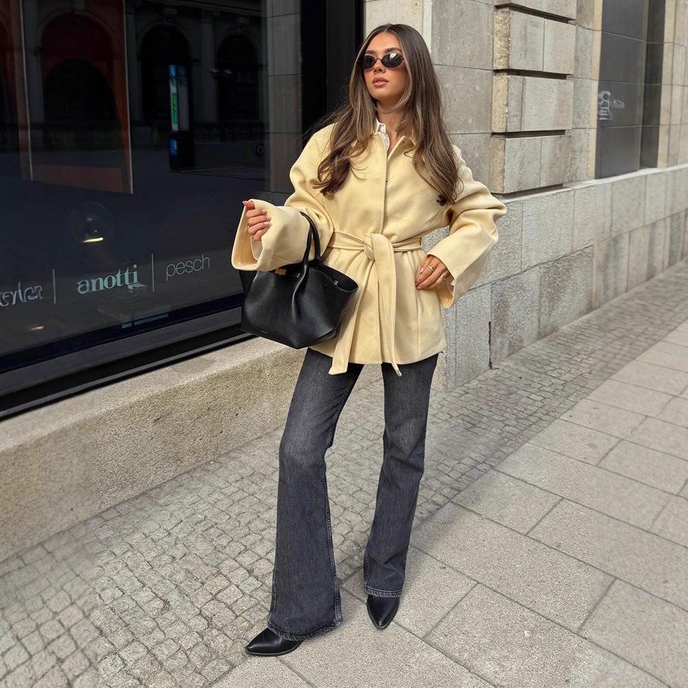 Women Wool Blend Short Jacket with Tying Belt, Boxy Silhouette and Subtle Lapel Amarae