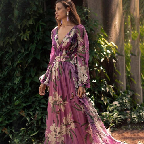 Maxi dress for women with deep V-neck, floral design and flowing skirt Amarae