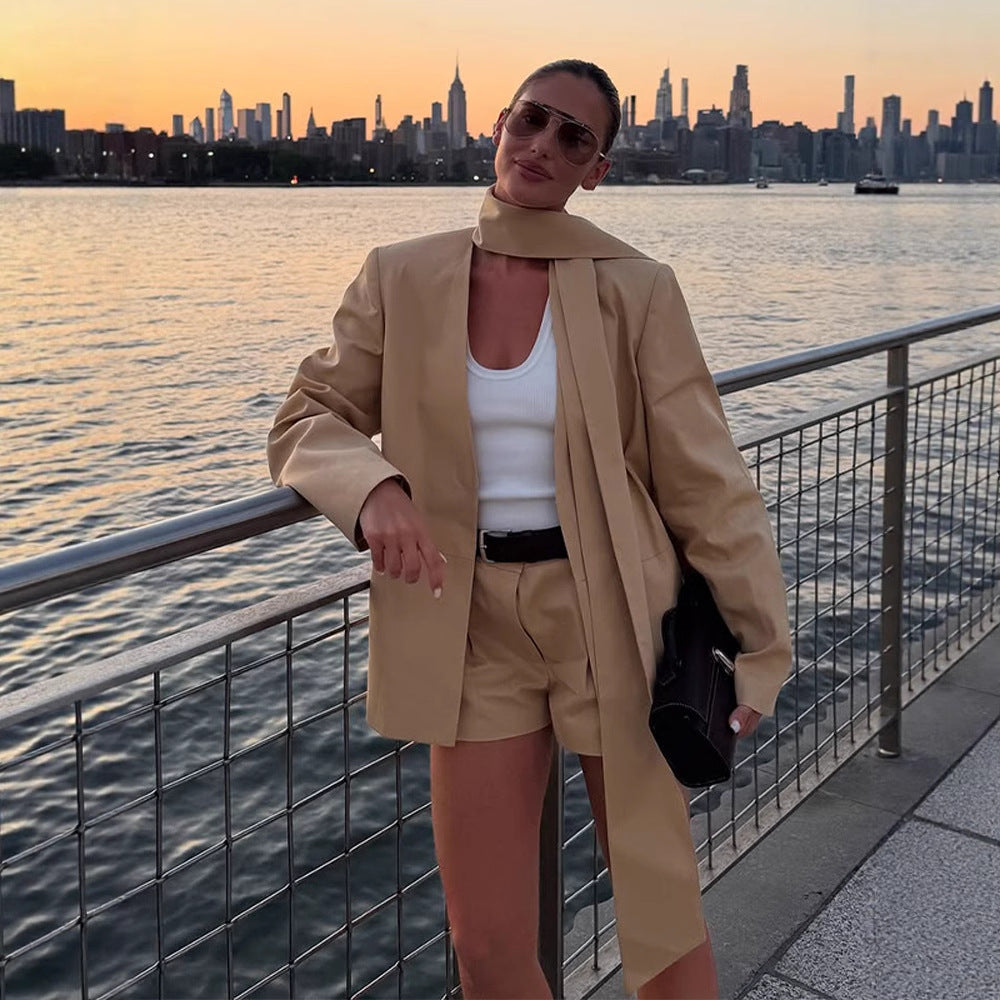 Women's Two-Piece Blazer Set with Long Shawl Collar and High-Waisted Shorts Amarae