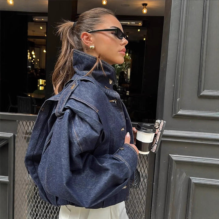 Women Oversize Denim Jacket with High Stand-Up Collar, Snap Button Placket and Shoulder Detail Amarae