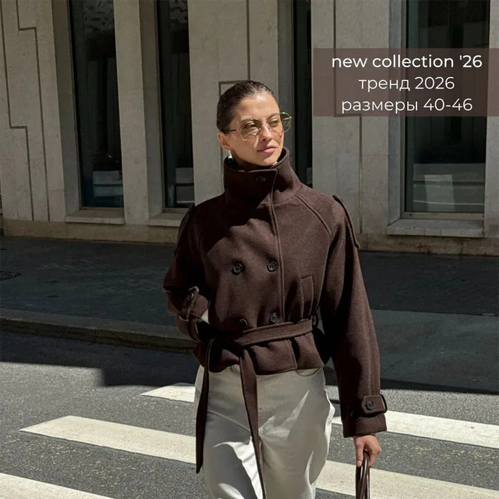 Ladies short cut wool blend jacket with high stand-up collar and waist belt Amarae