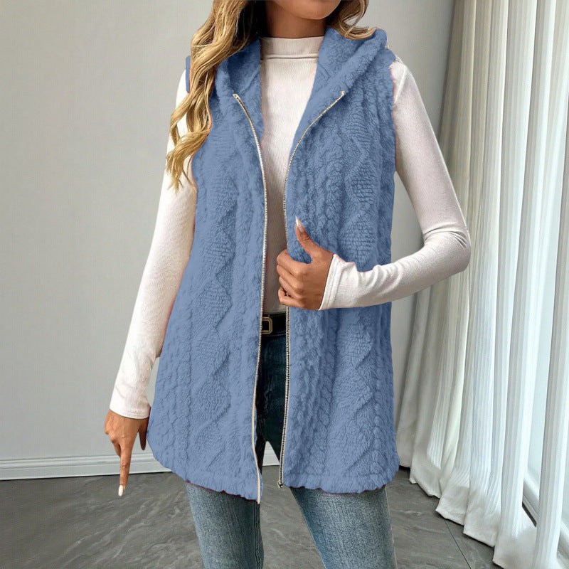Women's Hooded Teddy Vest with Zipper and Structured Knit Look Amarae