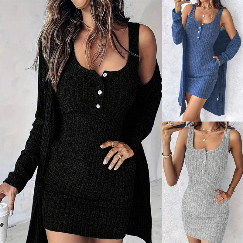 Knit dress for women with button details and matching cardigan Lune London