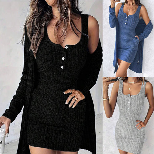 Knit dress for women with button details and matching cardigan Amarae