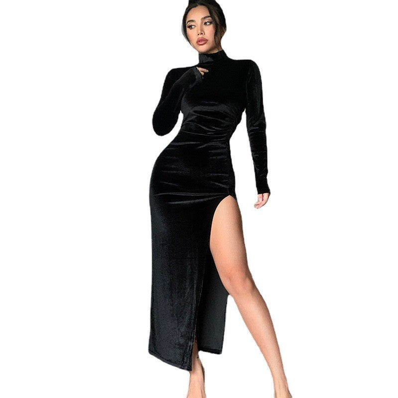 Women Elegant Velvet Maxi Dress with High Split and Standing Collar Lune London