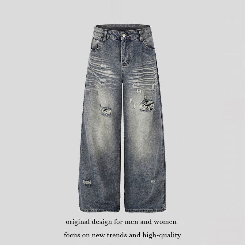 Women's Wide Destroyed Denim Culotte Jeans with High Waist and Used Effect