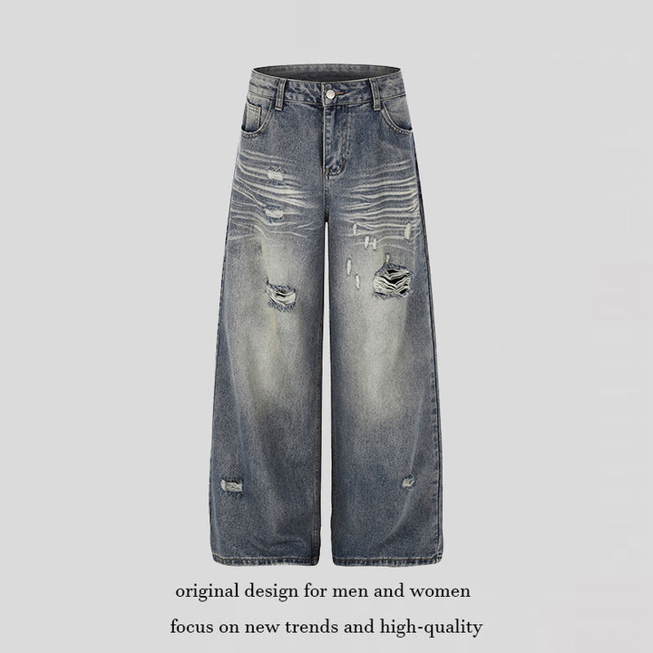 Women's Wide Destroyed Denim Culotte Jeans with High Waist and Used Effect