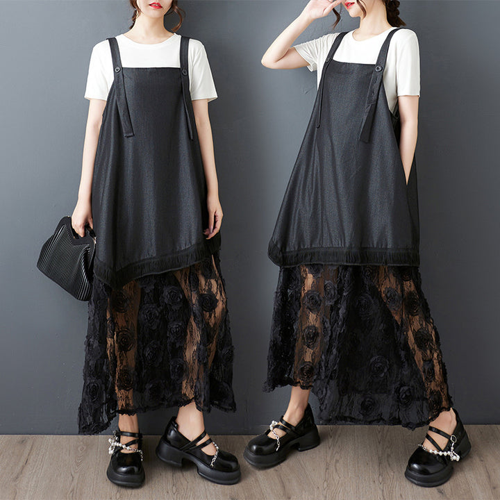 Plus size apron dress for women with floral overlay Lune London