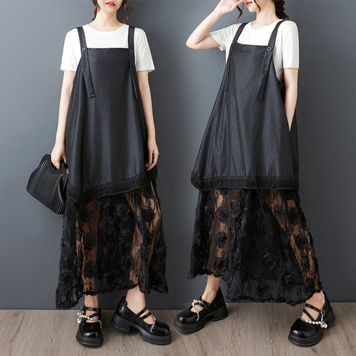 Plus size apron dress for women with floral overlay Amarae