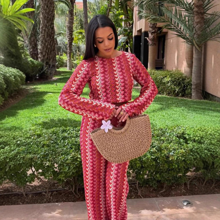 Women's Crocheted Two-Piece Lounge Set with Short Sweater and High-Waisted Palazzo Pants Amarae