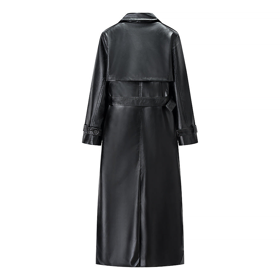 Elegant faux leather trench coat for women with tie belt Lune London