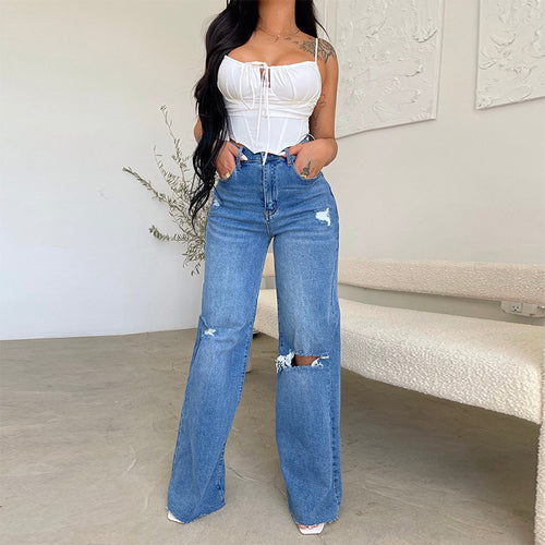 High-waisted wide jeans for women with distressed effects Amarae