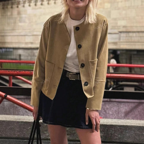 Fashionable women's suede jacket with front pockets and button detail Amarae