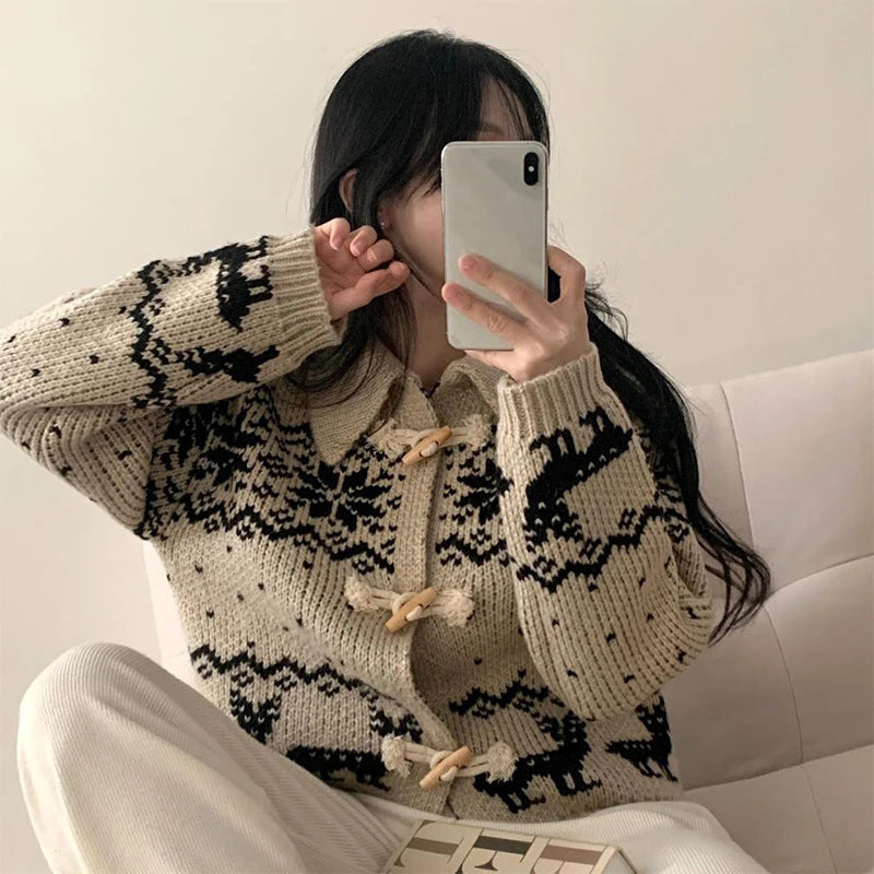 Cardigan pour femmes avec motif animalier créatif et boutons en bois de haute qualité Chic & Stil