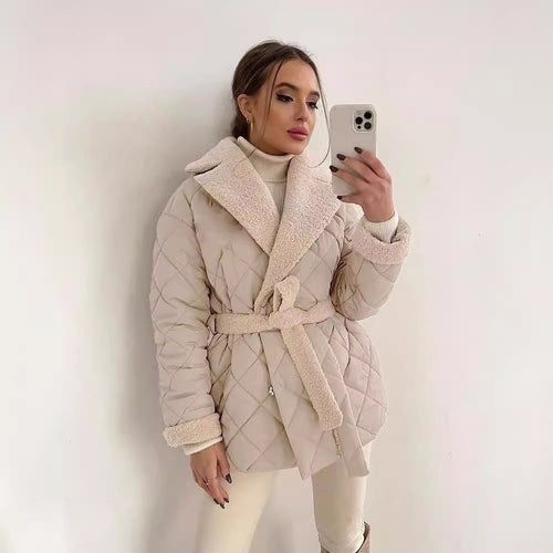 Quilted winter jacket for women with soft collar and belt Amarae
