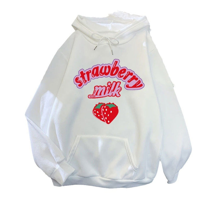 Ladies hooded sweatshirt with cheerful strawberry milk design Chic & Stil