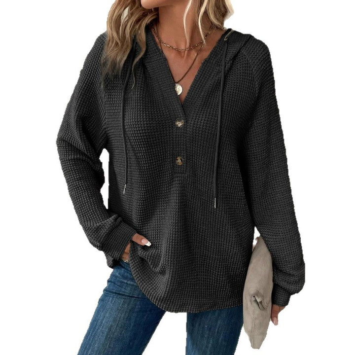Women Waffle Knit Hoodie with Henley Button Placket and Oversized Cut Amarae