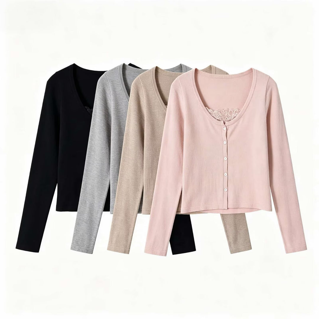 Women's fine-knit cardigan with lace insert and continuous button placket Amarae