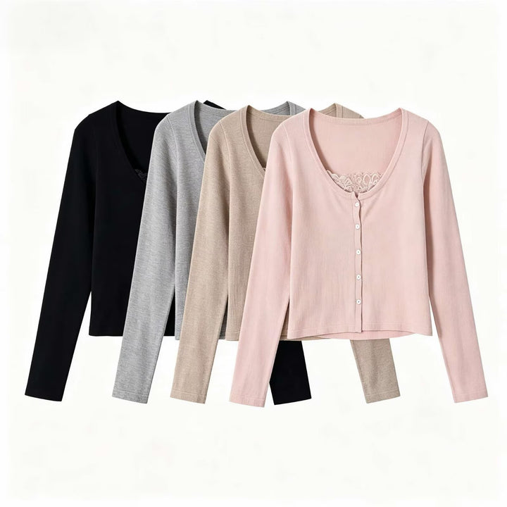 Women's fine-knit cardigan with lace insert and continuous button placket Amarae