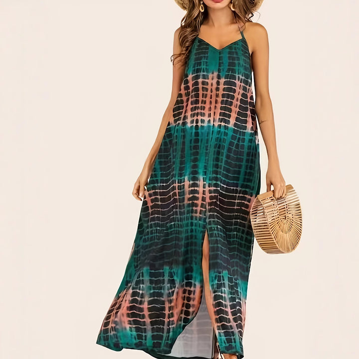 Maxi dress for women with deep V-neckline and elegant slit Lune London
