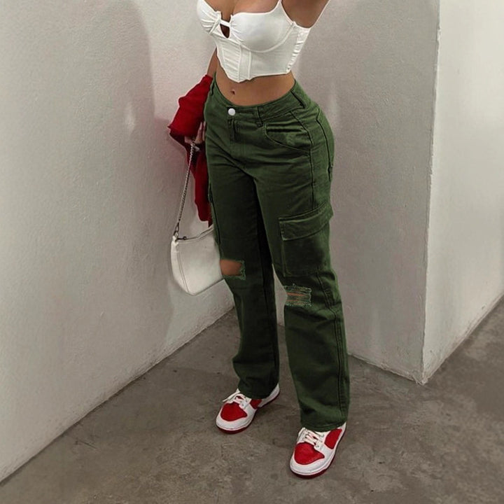 Women's cargo jeans with high waist, straight leg, knee rips, and patch cargo pockets Amarae