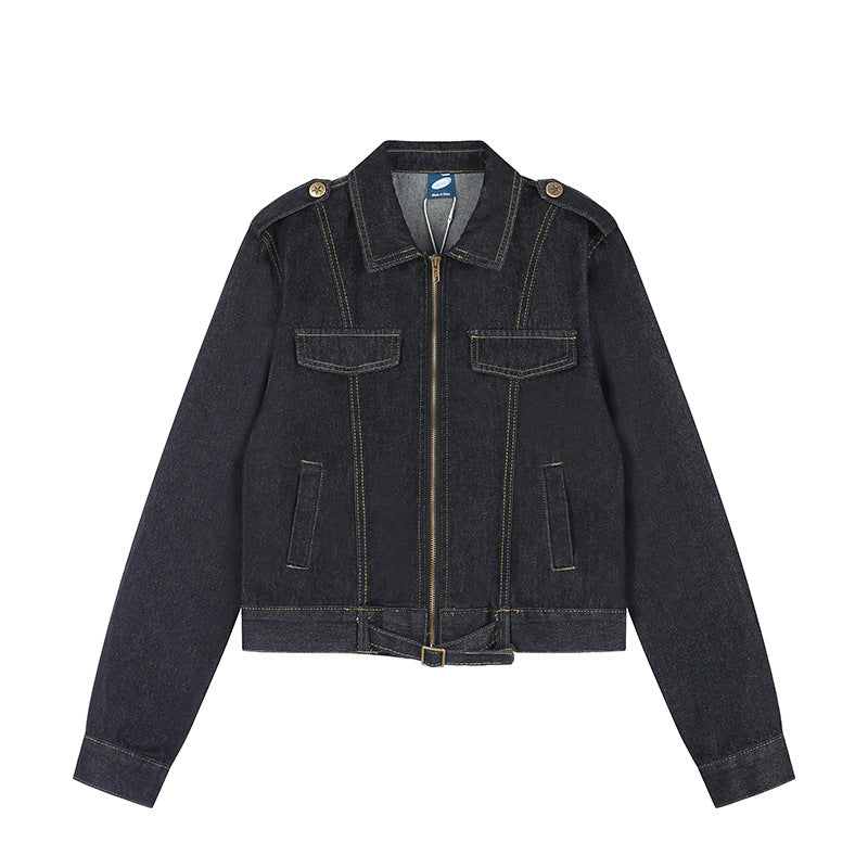 Women Short Cut Denim Jacket with Epaulettes, Zipper and Waist Belt Amarae