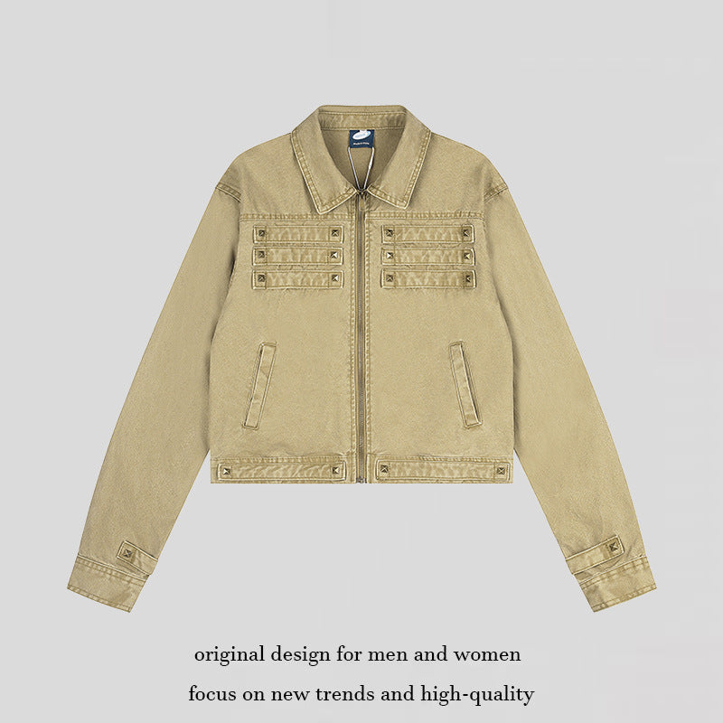 Women’s Short Cut Canvas Jacket with Shirt Collar and Pyramid Studs Amarae