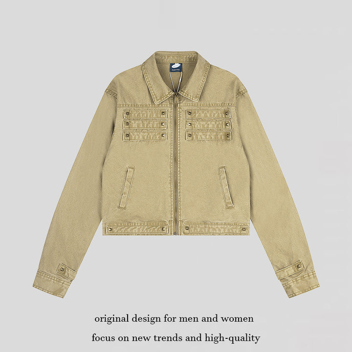 Women’s Short Cut Canvas Jacket with Shirt Collar and Pyramid Studs Amarae