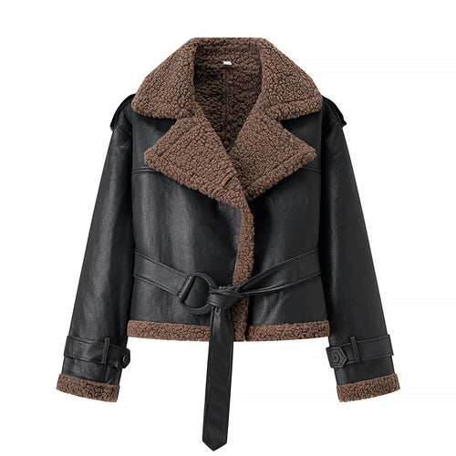Trendy biker jacket for women with faux fur collar and belt Amarae