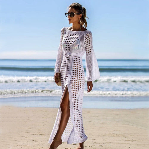 Women's Airy Crochet Beach Dress with Long Sleeves and Side Slit Amarae