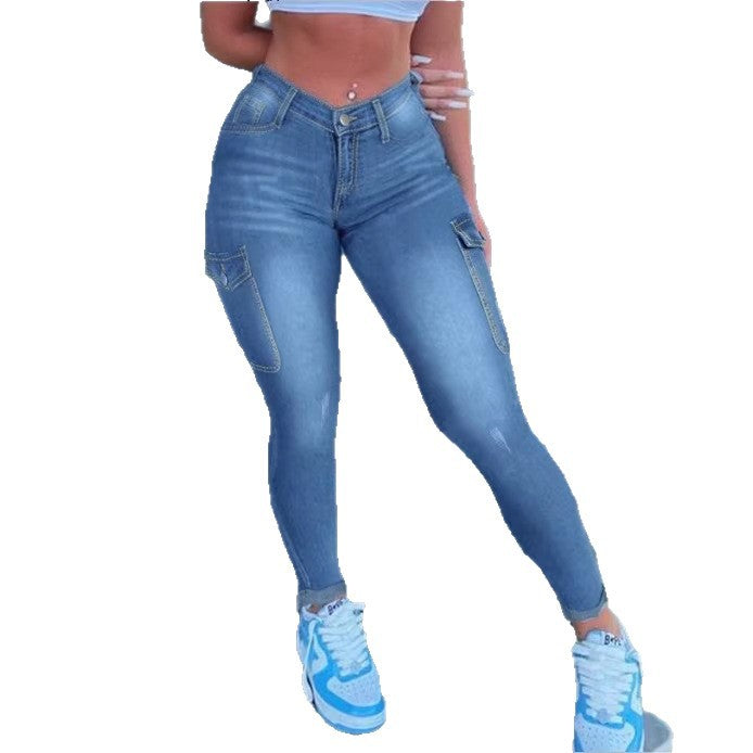 Ladies High-Waisted Sculpting Skinny Jeans with Cargo Pockets and Superstretch Amarae