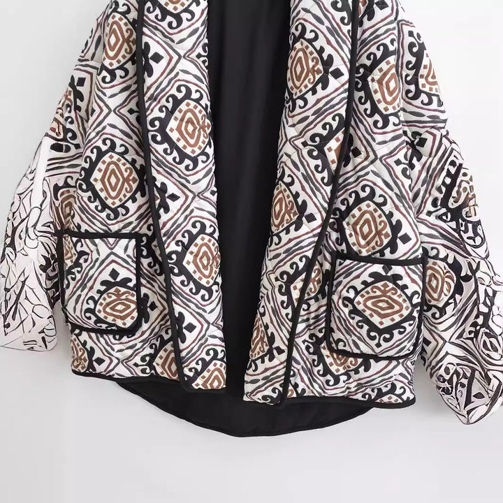 Women's quilted kimono jacket with graphic ethnic print and waist belt Amarae