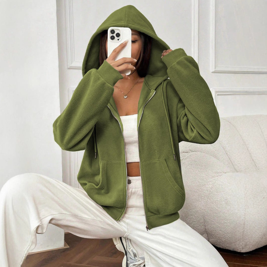 Women's Fleece Jacket with Hood and Practical Pockets Chic Und Stil