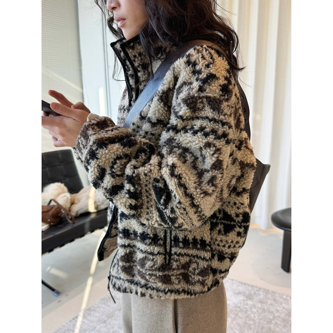 Women's Insulated Teddy Fleece Jacket with Stand Collar and Zipper Amarae