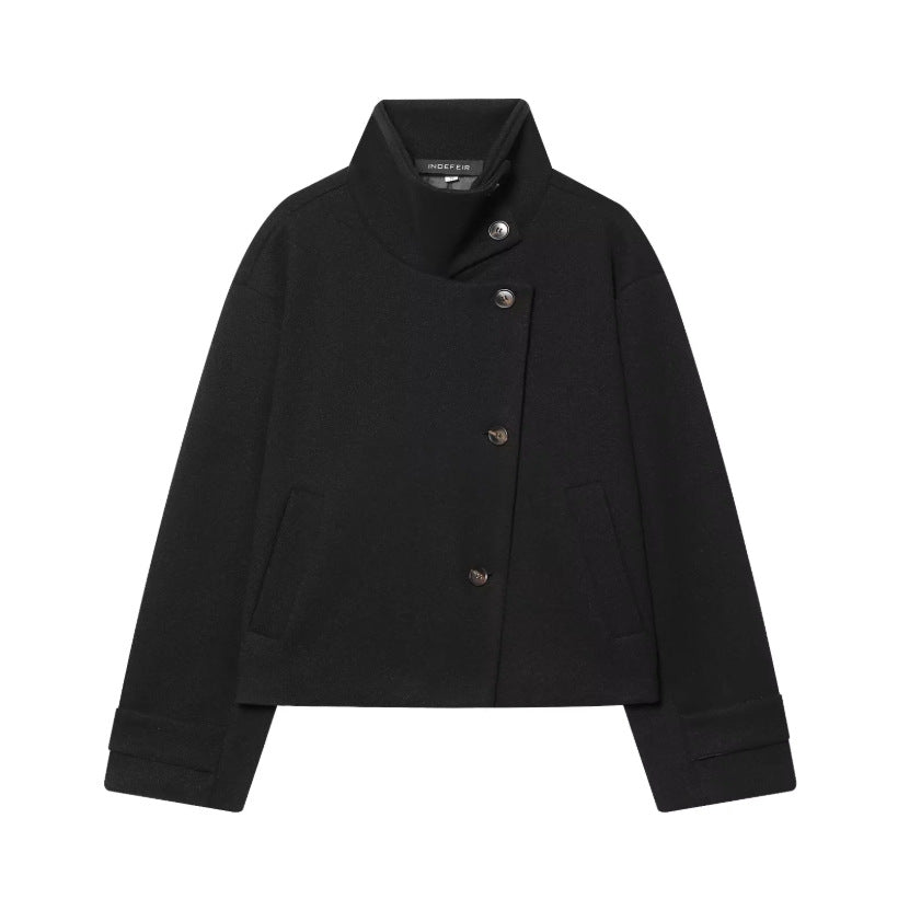 Women's Cropped Wool Blend Short Jacket with High Stand Collar, Asymmetric Button Placket and Cuffed Sleeves Amarae