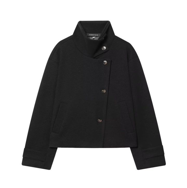 Women's Cropped Wool Blend Short Jacket with High Stand Collar, Asymmetric Button Placket and Cuffed Sleeves Amarae