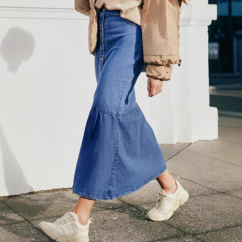 Women High-Waisted Maxi Denim Skirt with Continuous Button Placket and High Front Slit Amarae