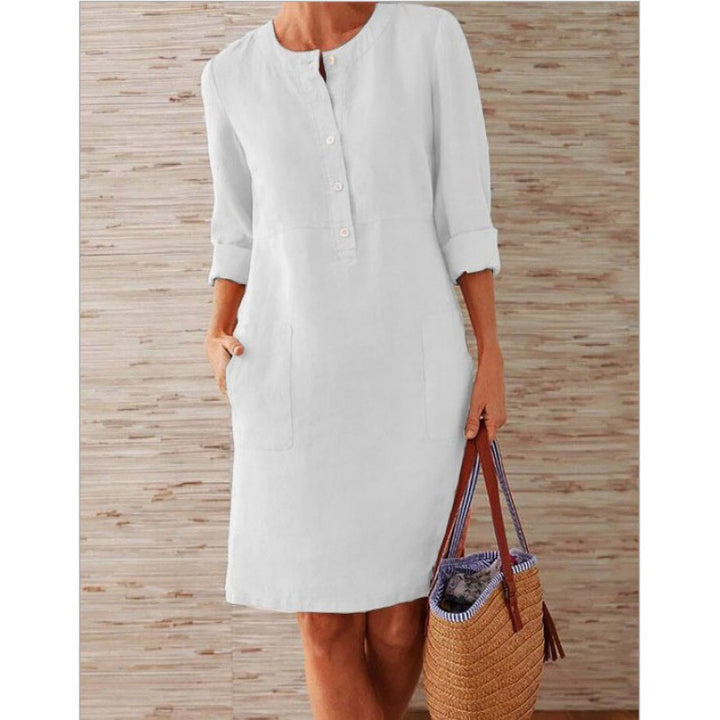 Women loose-fitting linen-look dress with three-quarter sleeves, button placket and side pockets Amarae