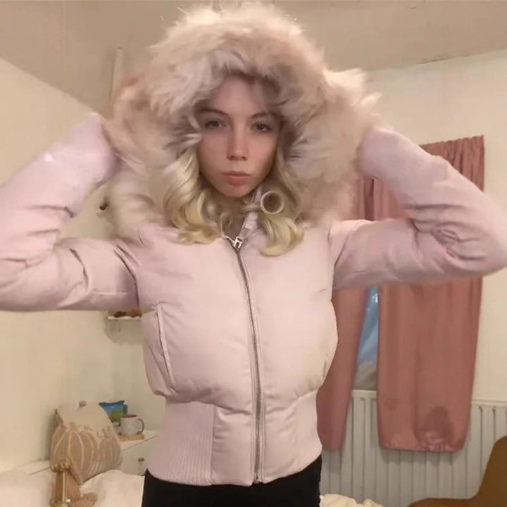 Ladies short quilted bomber style jacket with detachable faux fur hood Amarae