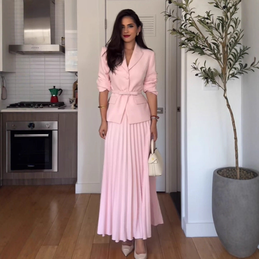 Women's Tailored Blazer and Midi Skirt Set with Pleated Skirt & Tied Belt Amarae