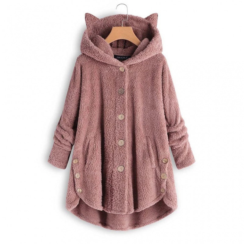 Women's Hooded Teddy Coat with Cat Ears, Button Placket and Asymmetrical Hem Amarae