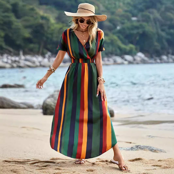 Striped maxi dress for women with high slit and knot at the waist Lune London