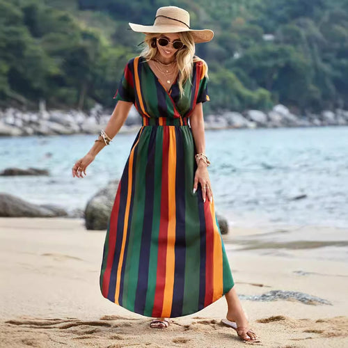 Striped maxi dress for women with high slit and knot at the waist Amarae