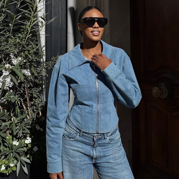 Women's short-cut denim jacket with zip and defined shoulder line Amarae