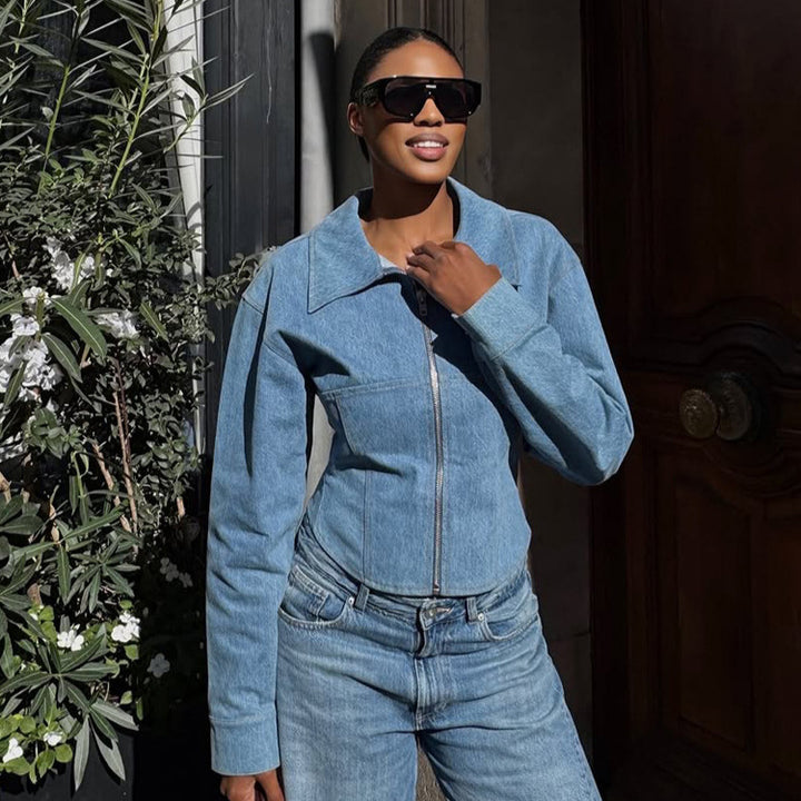 Women's short-cut denim jacket with zip and defined shoulder line Amarae