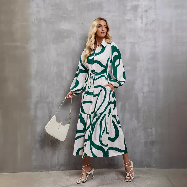 Long sleeve women's dress with trendy pattern and practical belt.