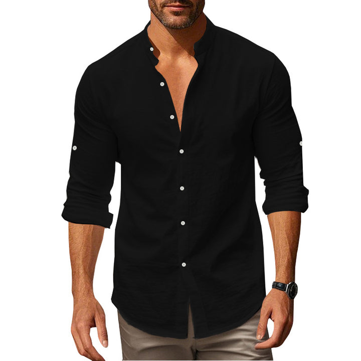 Men's Long Sleeve Shirt with Trendy Stand Collar and Chic Button Details