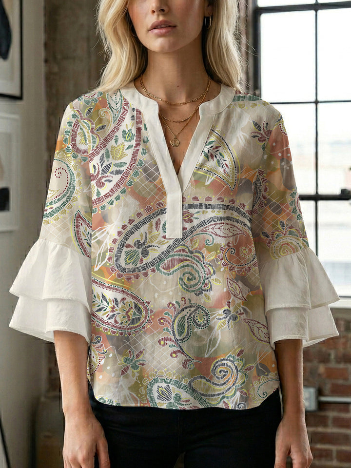 Women's blouse with voluminous ruffle sleeves and creative floral design Lune London